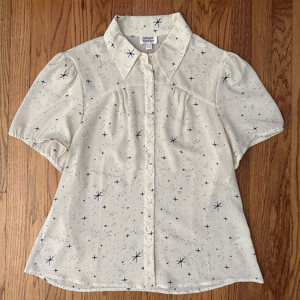 Unique Vintage Cream and Black Star Print Button Down Shirt